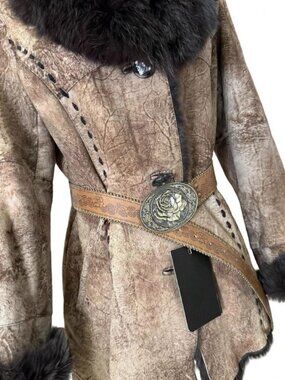 Brown rabbit fur belted coat with black fur collar
